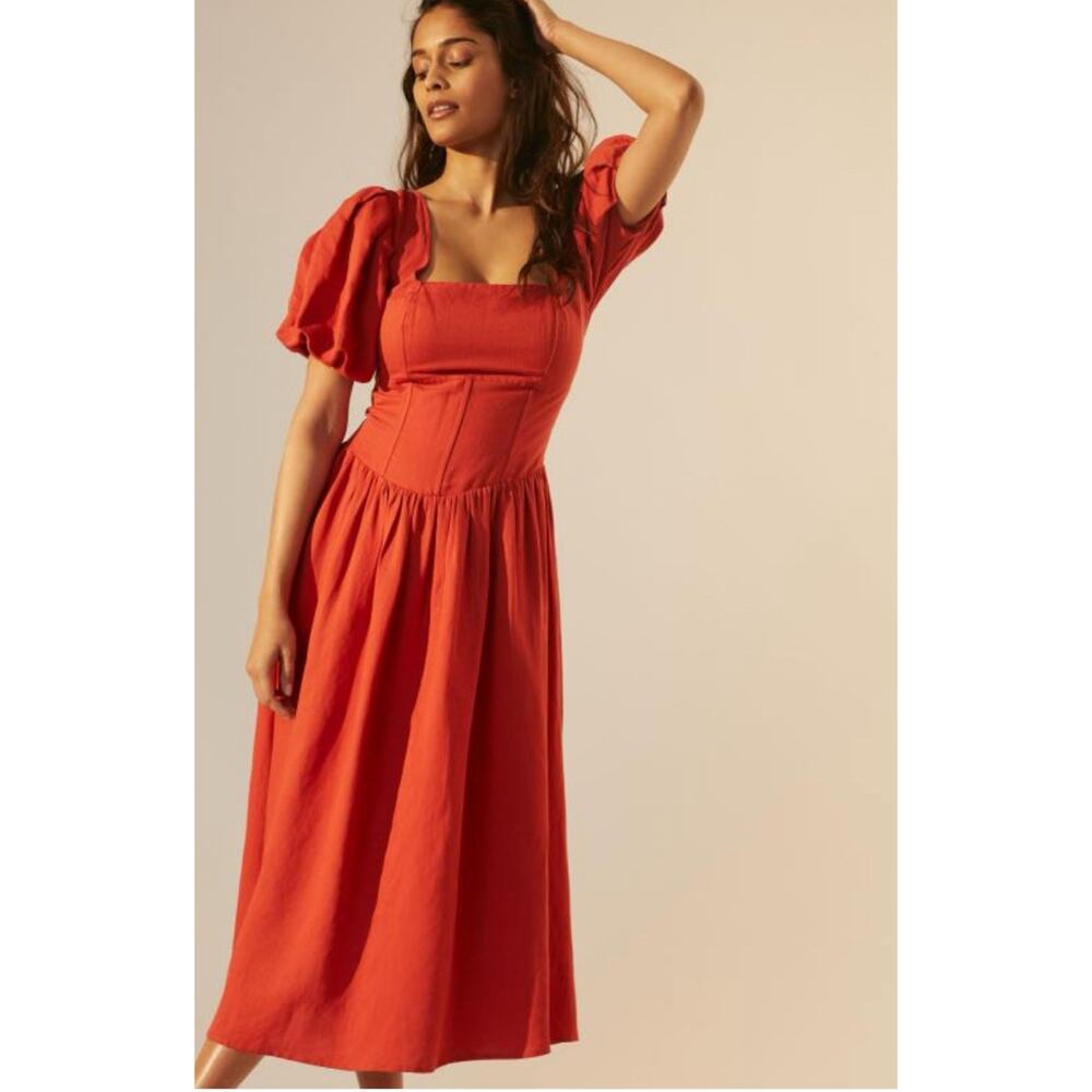Anthropologie Currect Air Square-Neck Puff-Sleeved Midi Dress Linen Blend Sz XS